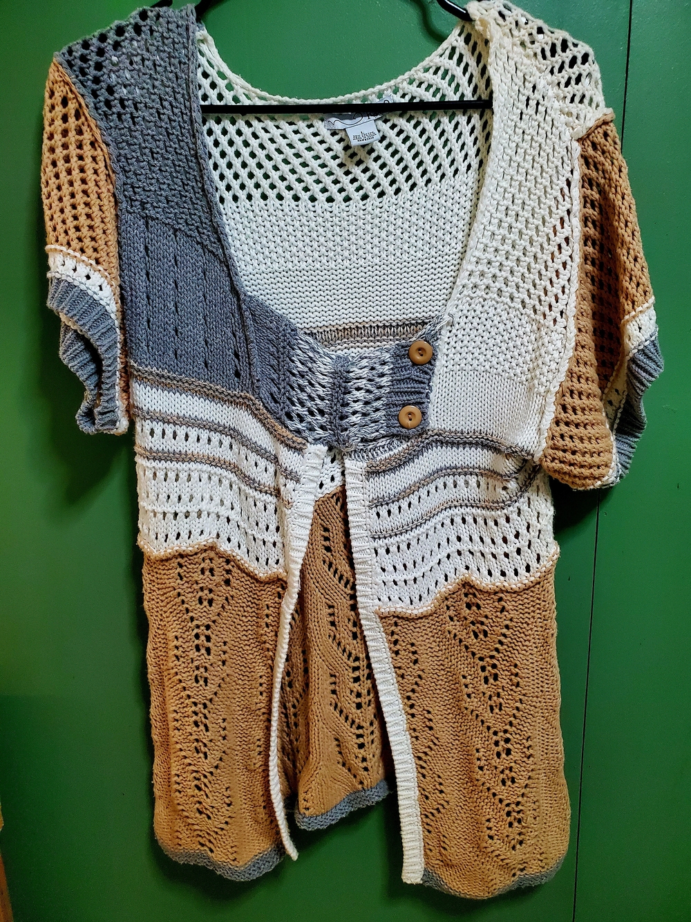 RXB Crochet Openwork Short-Sleeve Cardigan in Cream, Gray & Tan